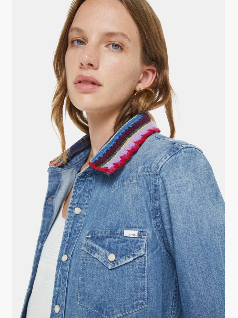 MOTHER The Collar Club Denim Shirt Jacket with Removable Crochet Collar New! - Picture 6 of 15